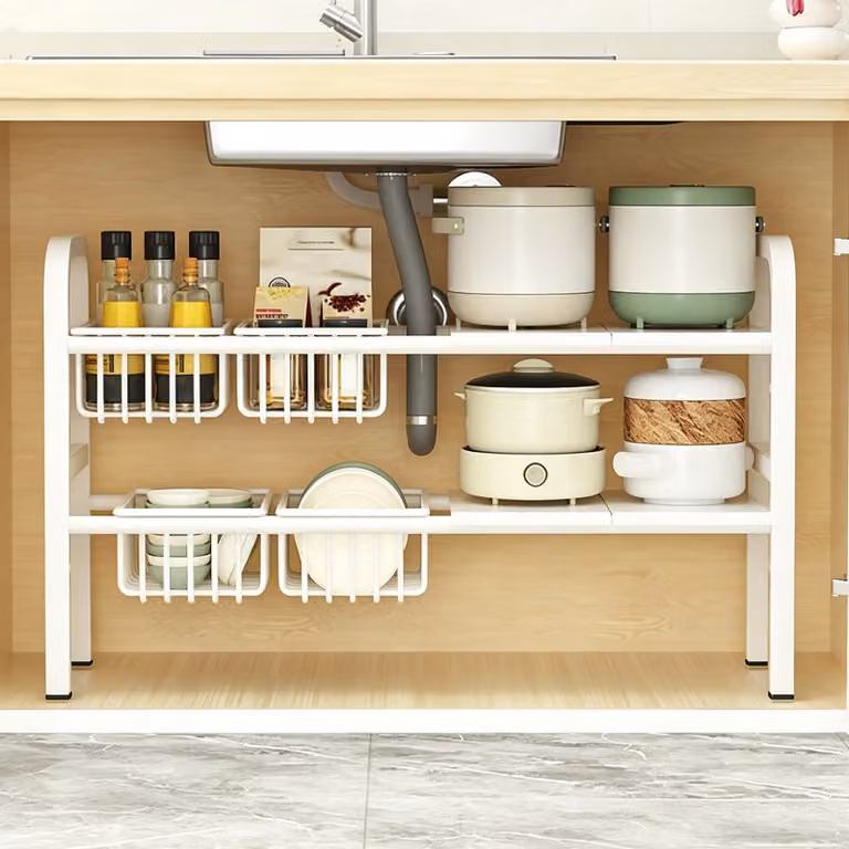 Organizzatore per mobili da cucina a 2 ripiani, bianco, con 4 ripiani e 4 cesti