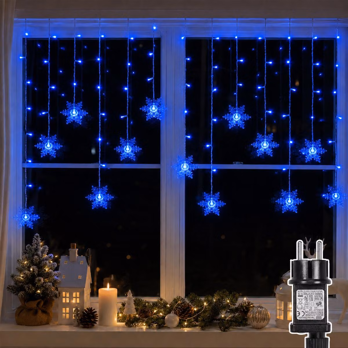 Catena luminosa LED da 1,8 metri, a forma di fiocco di neve, impermeabile, con 8 modalità di illuminazione, ideale per interni, giardino, decorazioni natalizie, colore blu