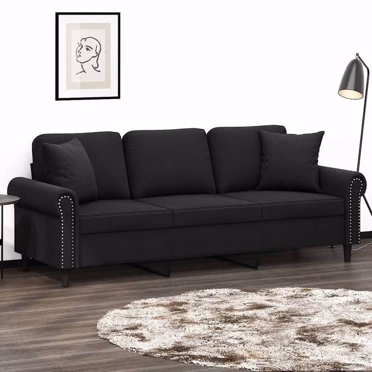vidaXL Divano a 3 Posti Moderno in Velluto Nero con Cuscini e Struttura in Metallo L: 212 cm, P: 80 cm, H: 77 cm