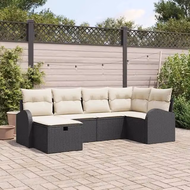 Set di divani da giardino a forma di L vidaXL in polyrattan con cuscini, 6 pezzi, Nero e Beige – 1