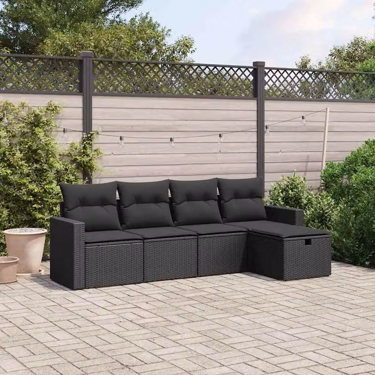 vidaXL Set Divani da Giardino a L 5 Pezzi in Polyrattan Nero con Cuscini e Struttura in Acciaio Verniciato a Polvere