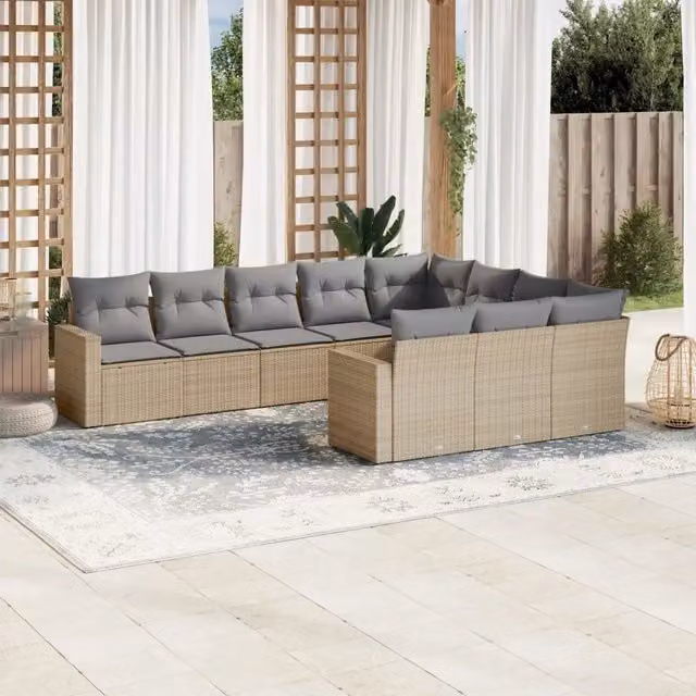 vidaXL Set Divano da Giardino a L da 10 Pezzi con Cuscini Beige e Grigio in Polyrattan e Acciaio