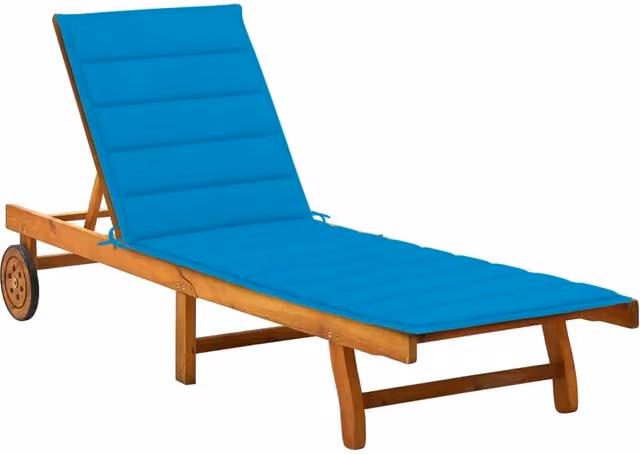 Lettino prendisole in legno di acacia con cuscino blu per esterno e patio
