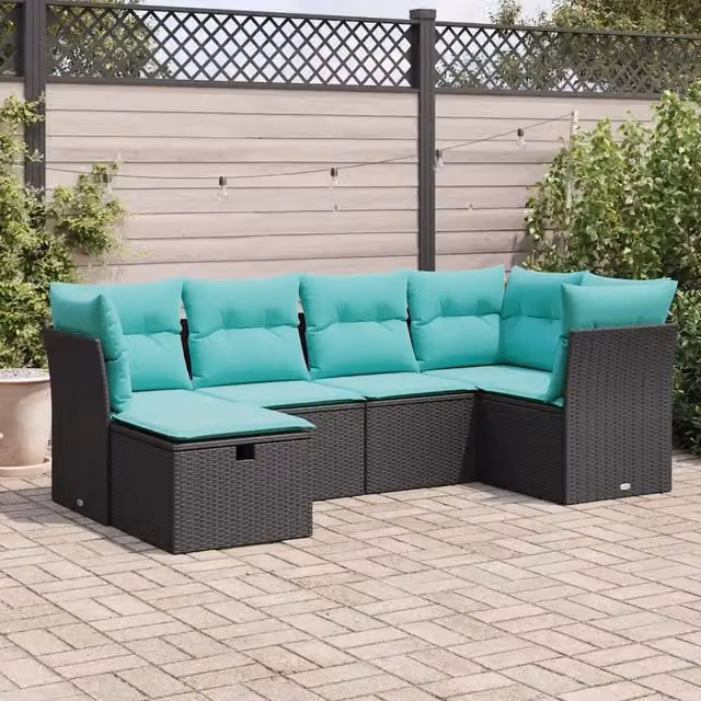 Set Divano da Giardino 6 pz con Cuscini Nero in Polyrattan 3325283