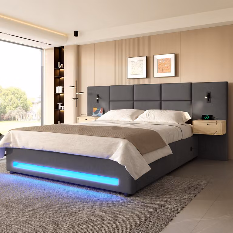 Letto imbottito okwish 160x200 con cassetti e luce notturna, letto per ragazzi con porta USB-C e contenitore, letto matrimoniale grigio scuro, senza materasso