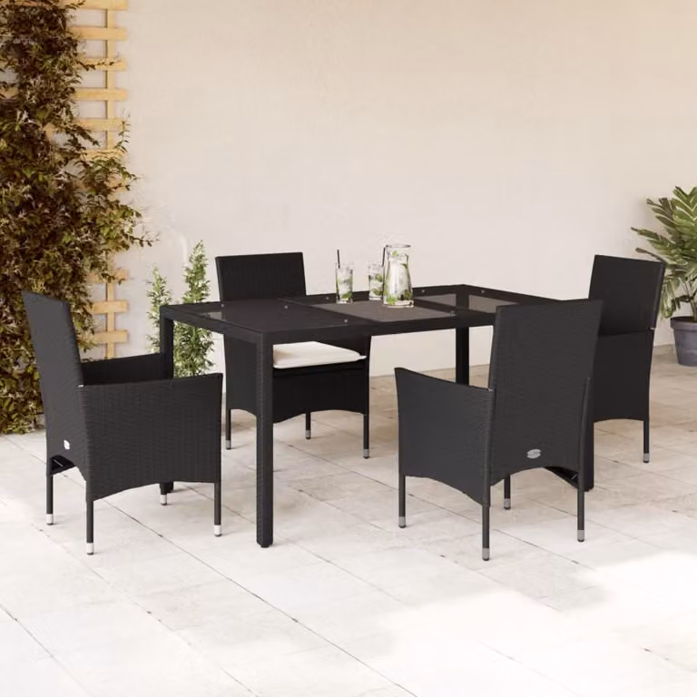 Set da Pranzo da Giardino vidaXL in Polyrattan e Vetro con 5 Cuscini Moderno