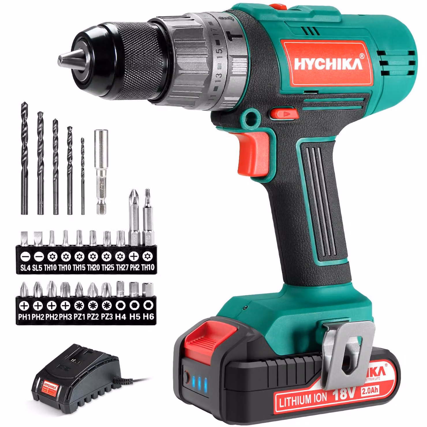 Trapano avvitatore a batteria HYCHIKA, 18 V, coppia massima di 45 Nm, adatto sia per avvitare che per forare, con 2