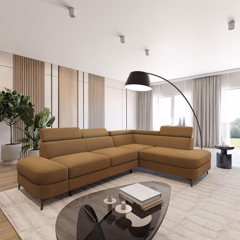 Divano ad angolo Masseno AVISE Q R-S con funzione letto a L, divano con contenitore, divano da salotto, divano, divano letto, set divani - Arancione, QUELLE 17