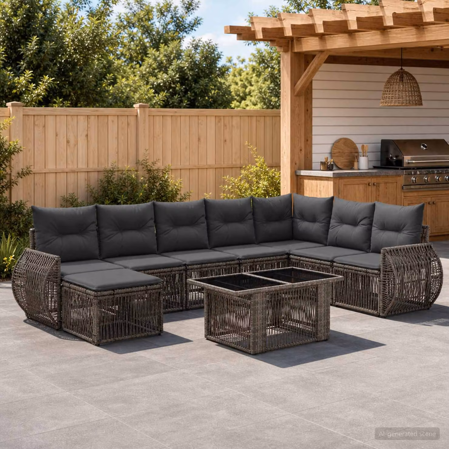 Set Divano da Giardino vidaXL 9 Pezzi a Forma di U in Polyrattan Grigio e Antracite con Cuscini e Tavolino