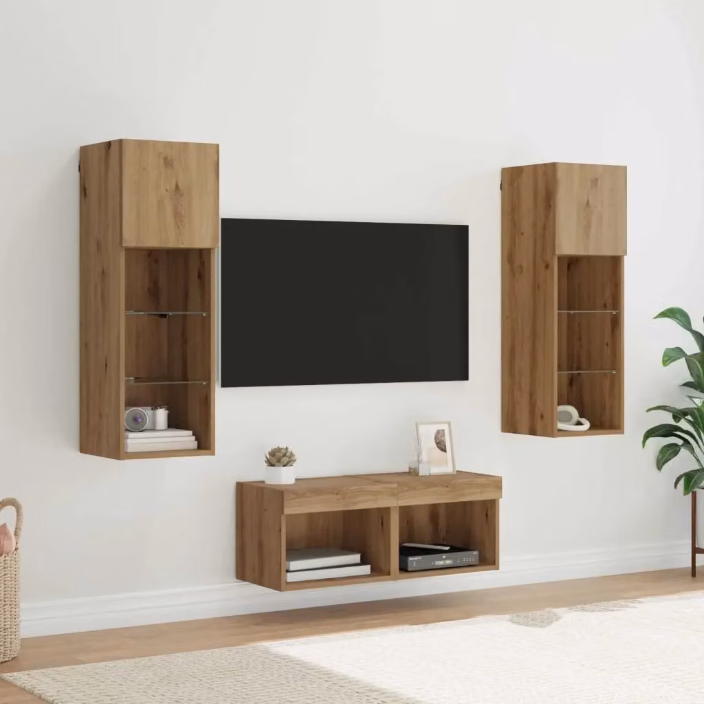 Set di 4 Mobiletti TV da Parete Design In in Legno Multistrato Rovere e Nero con Illuminazione Integrata e Compartimenti Media – 2