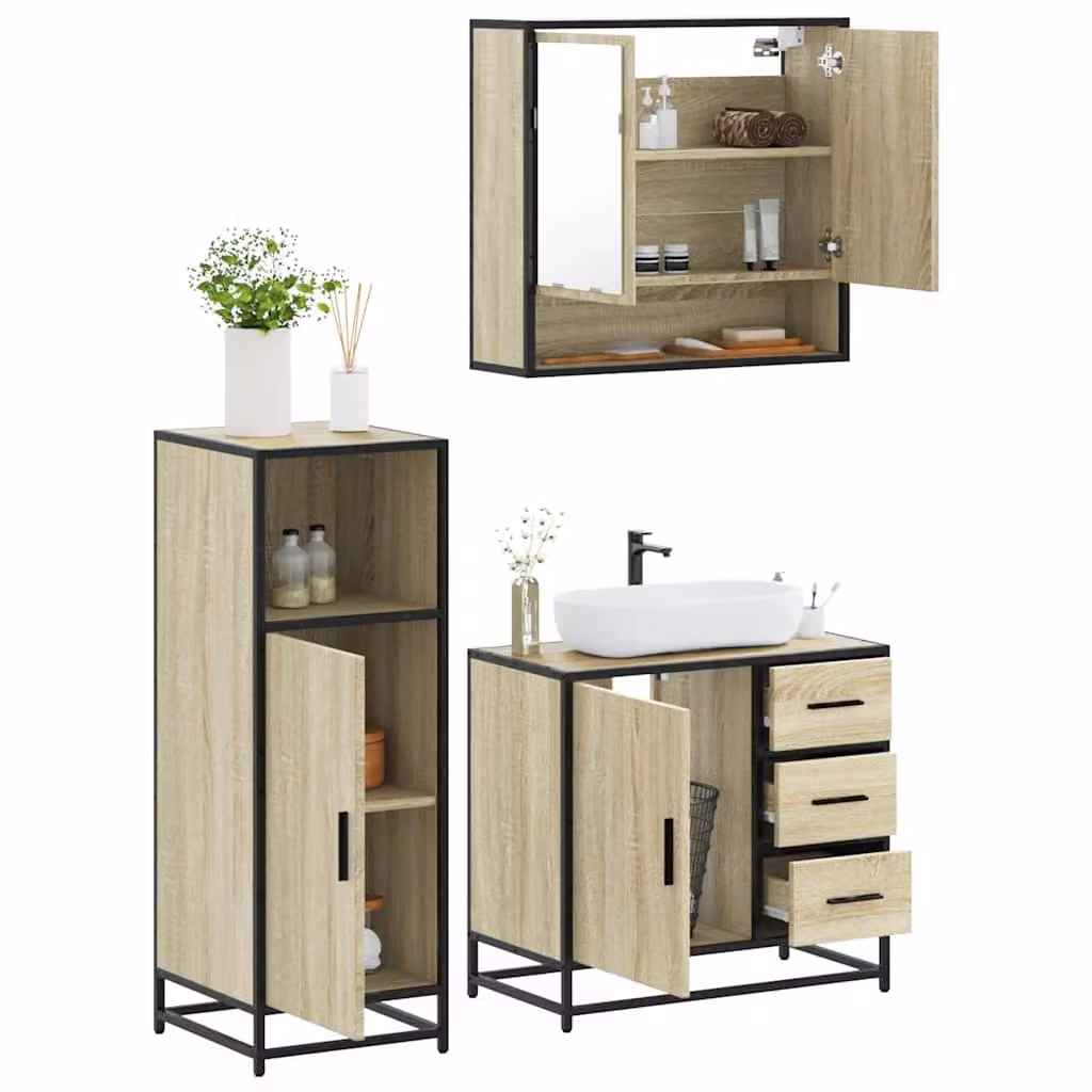 Set di mobili da bagno industrial vidaXL in legno e metallo marrone composto da 3 pezzi con armadietto specchio e mobile lavabo L/P/H: 65 x 60 x 20 cm