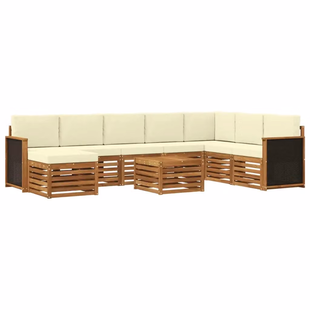 Set di divani da esterno a L vidaXL in legno di acacia con cuscini beige e bianchi, composto da 9 pezzi con tavolino e pouf – 2