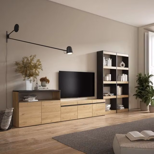 Mobile TV, Soggiorno, 370x35x186cm, Per TV fino a 65", Set di mobili, colore Rovere e nero RF3182