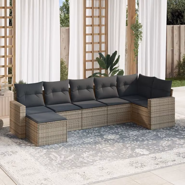 vidaXL Set Divani da Giardino 7 pz a Forma a L con Cuscini Grigio in Polyrattan e Struttura in Acciaio