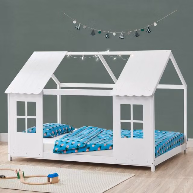 Letto per cameretta a forma di casetta en.casa in legno di pino bianco L/P/H: 207 x 127 x 141 cm, dimensioni materasso 120 x 200 cm
