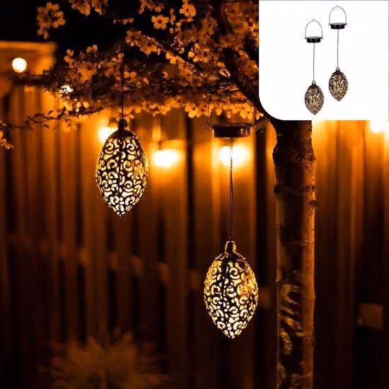 Set di lampade a sospensione da giardino a energia solare in metallo marrone scuro, 2 pezzi