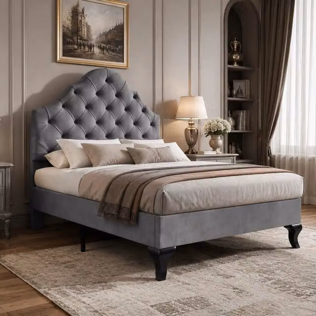 Letto singolo 90x200 cm in velluto grigio con testiera imbottita e rete a doghe in legno