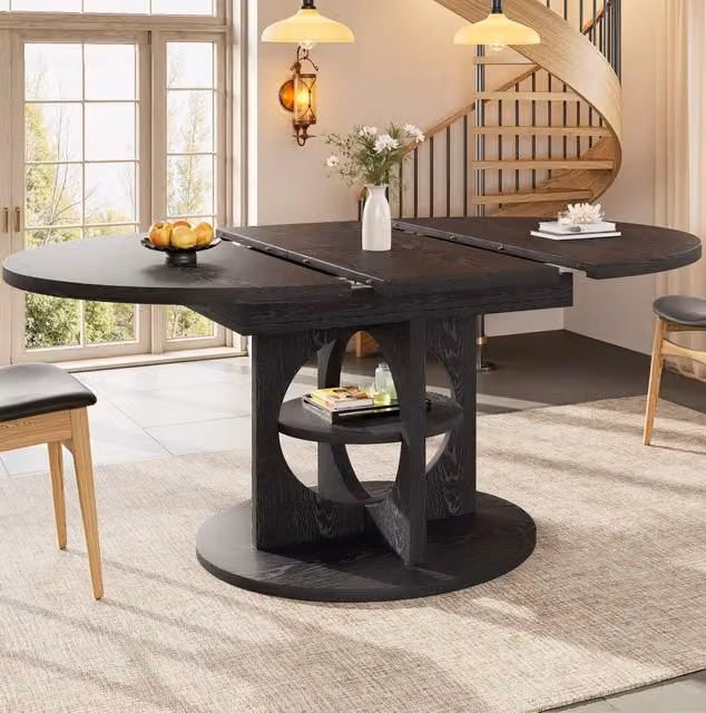 Tavolo da pranzo estensibile ULEVR 110-150 cm rotondo e ovale con ripiano integrato, MDF e metallo nero