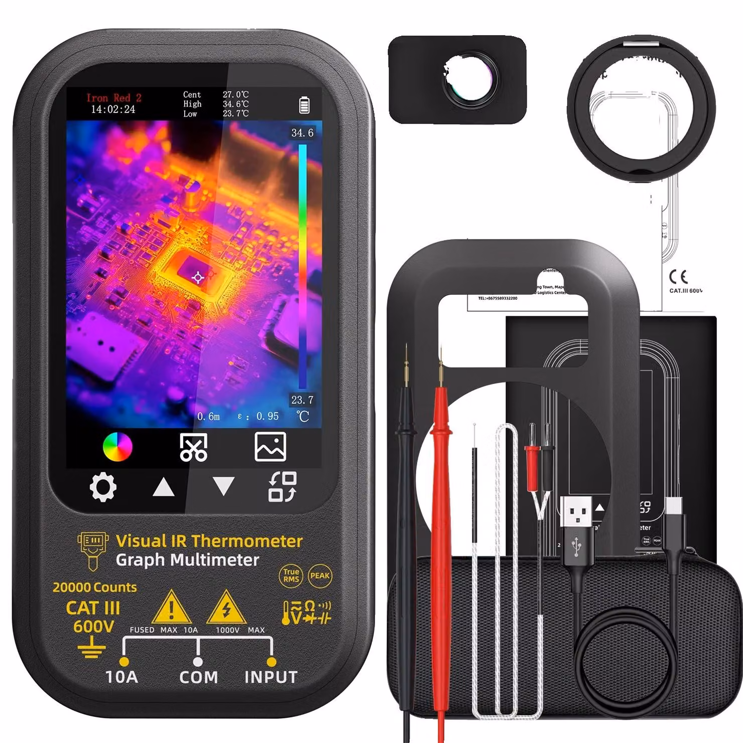 Multimetro termico, risoluzione 320x240, touchscreen a 360 gradi, modello SH6 con obiettivo macro