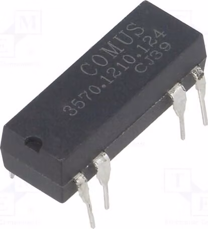 1x Relè: Contatto Reed, max. 150 VDC, 500 mA, 10 W. Bobina: 12 VDC. Montaggio su circuito stampato. Codice: 3570.1210.124. Elettromagnetico