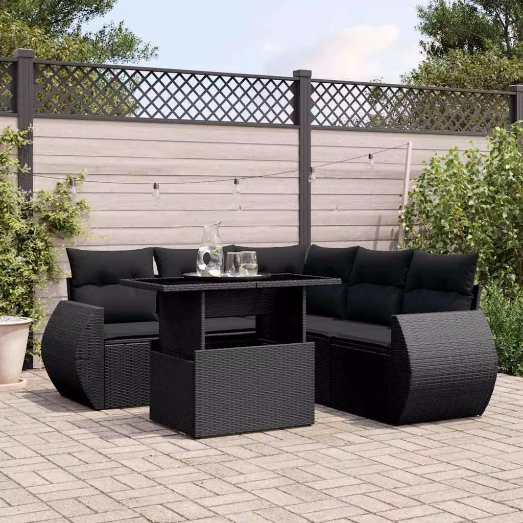 Set Divano da Giardino a L vidaXL 6 pz con Cuscini Nero in Polyrattan e Acciaio – 1