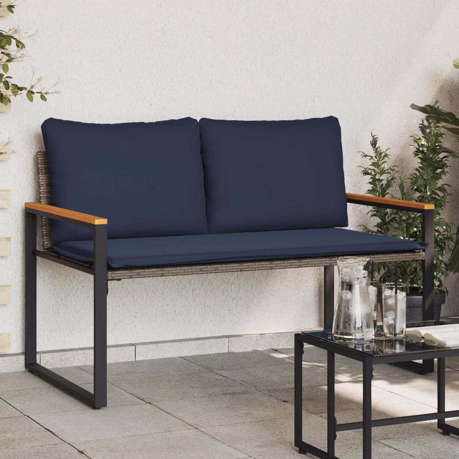 Panchina con cuscino vidaXL in rattan e legno di acacia, Grigio e Blu, L 115 x P 65 x H 72 cm