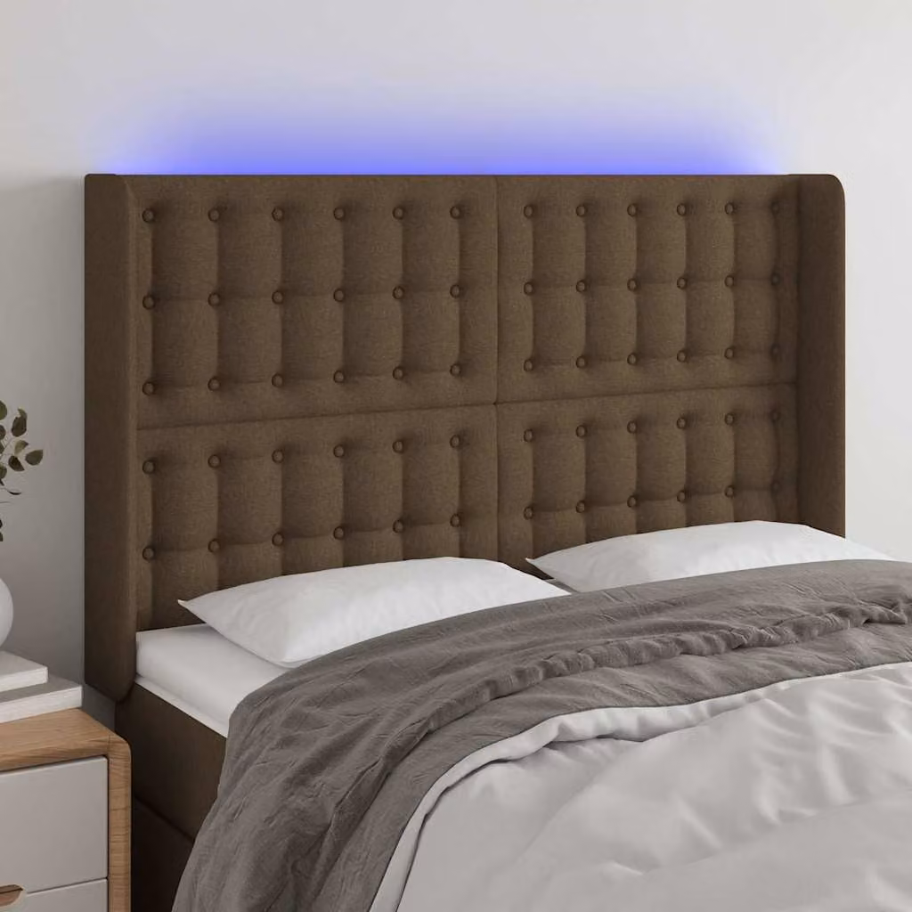 Testiera per letto vidaXL in tessuto marrone scuro con illuminazione LED e porta di ricarica USB, L: 147 cm, P: 16 cm, H: 118/128 cm