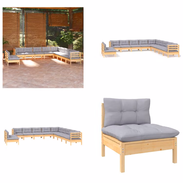 vidaXL set salotto da giardino 11 pezzi con cuscini grigi in pino massiccio - Set salotto da giardino - Set salotto da giardino - Set mobili da giardino - Set mobili da giardino
