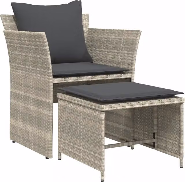 Sedia da giardino moderna in polyrattan grigio con poggiapiedi e cuscini inclusi