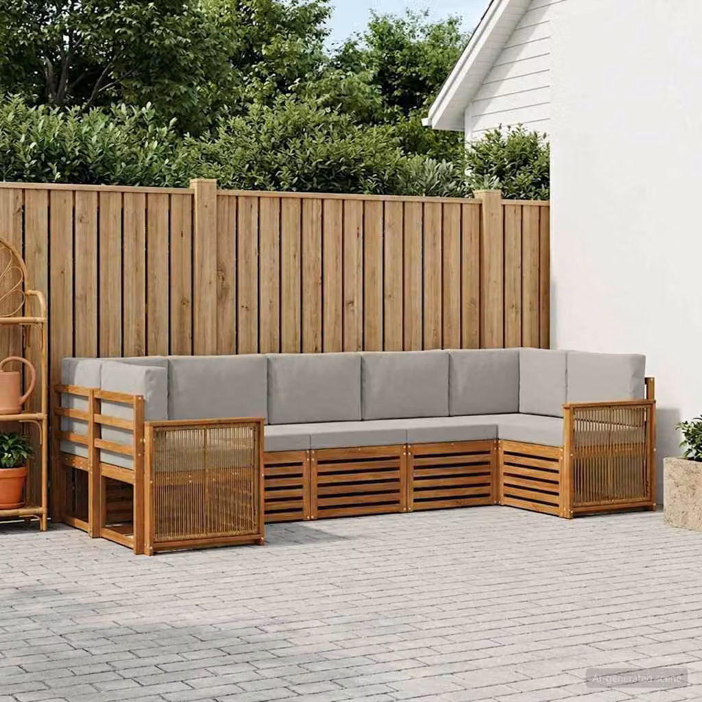 Set di divani da esterno vidaXL a forma di L composto da 6 pezzi in legno di acacia con cuscini in beige e grigio