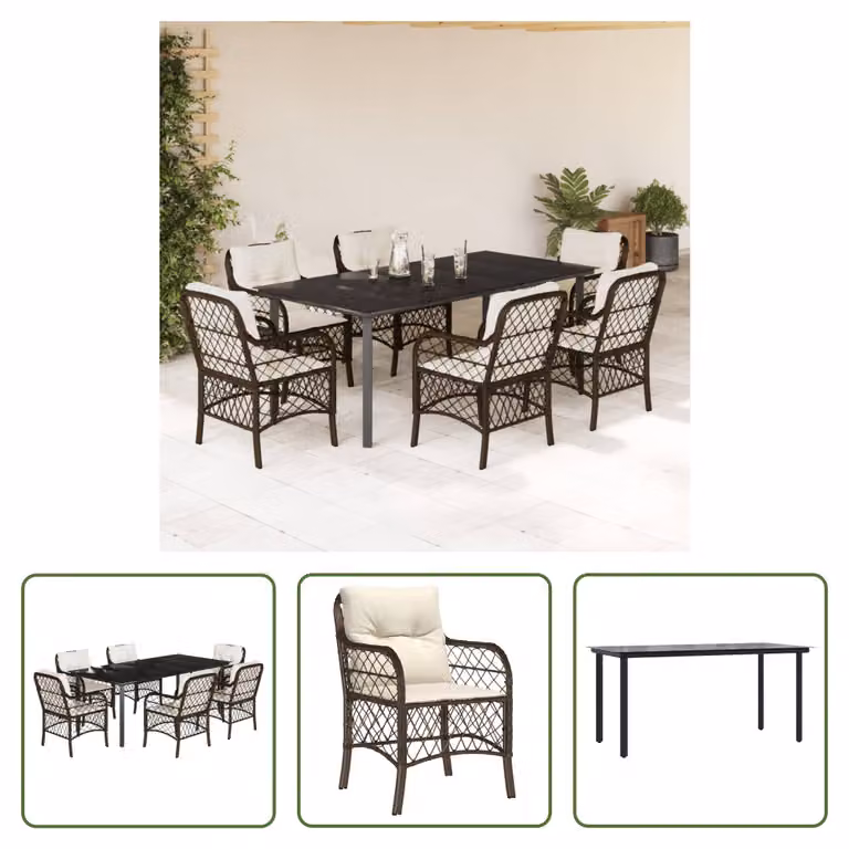 The Living Store Set da pranzo da giardino 7 pezzi con cuscini in polirattan marrone
