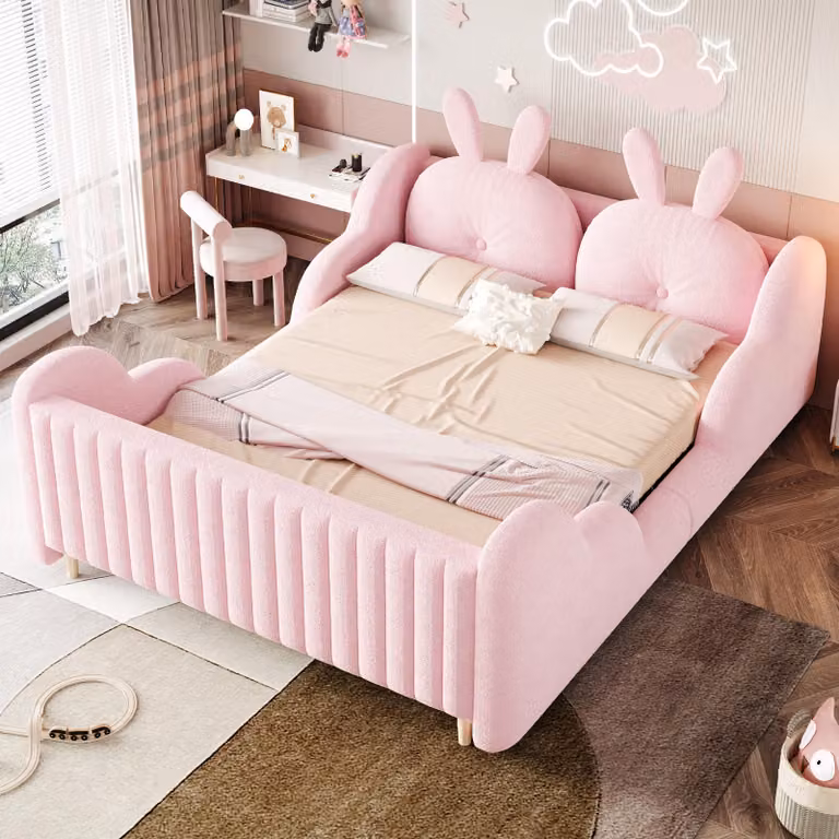 Letto per bambini imbottito Merax 140x200 cm con spondine a forma di nuvola, letto in velluto con cuscino a forma di coniglio, letto a piattaforma per ragazzi con cuscino a forma di coniglio, rosa