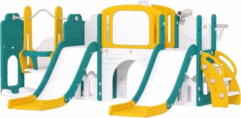Moonbite Set 9-in-1 con scivolo e altalena a tema rana, composto da: 2 scivoli, 1 altalena, 1 cesta, 1 tunnel, 1 telescopio, una struttura per arrampicata, una casetta da gioco e una lavagna, realizzato in HDPE, colore giallo