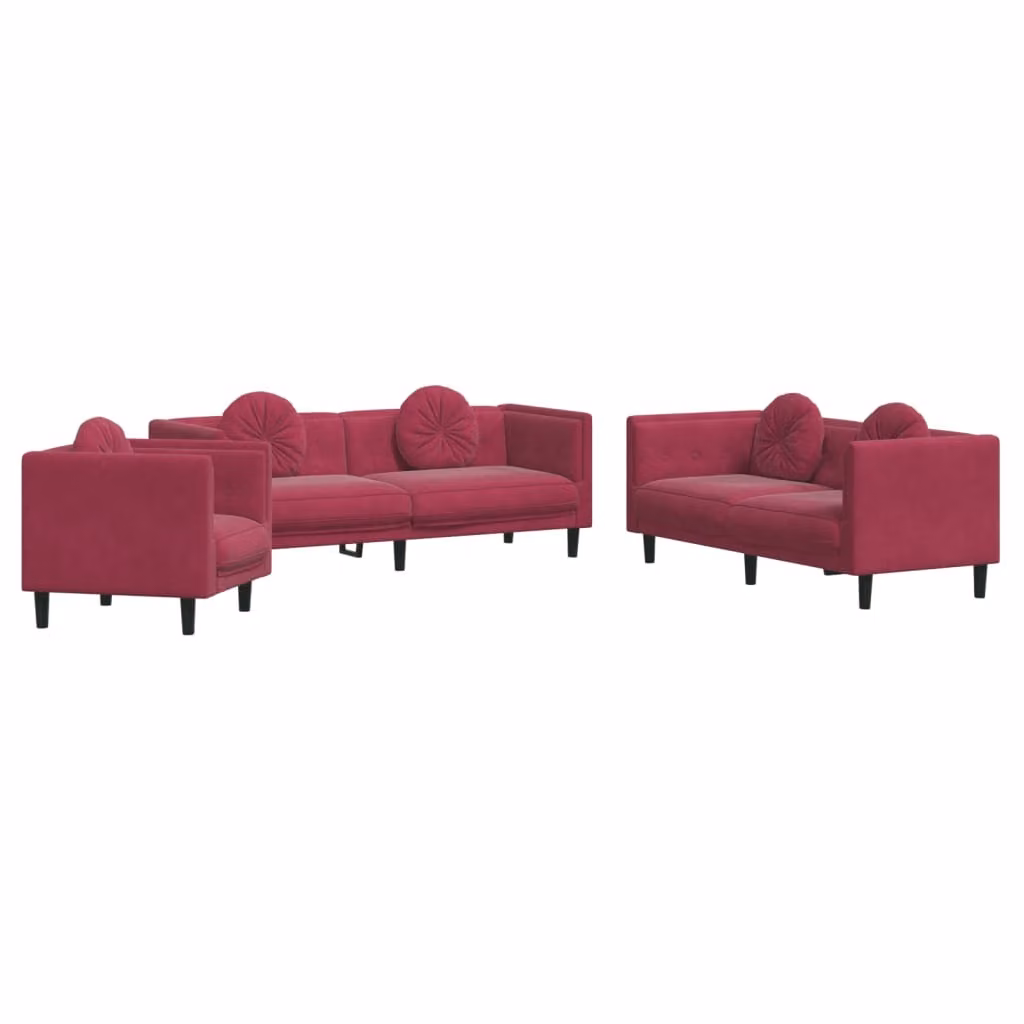 set di divani a 3 pezzi con cuscini in velluto rosso vino
