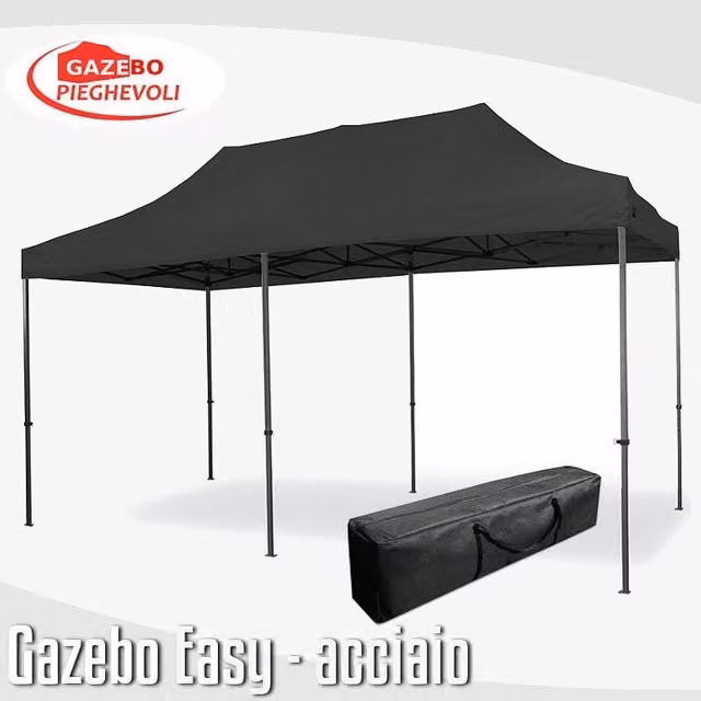 Gazebo 3x6 m nero pieghevole portatile estendibile richiudibile estensibile acciaio SENZA laterali per fiere eventi stand chiosco tenda tendone mercato mercatino