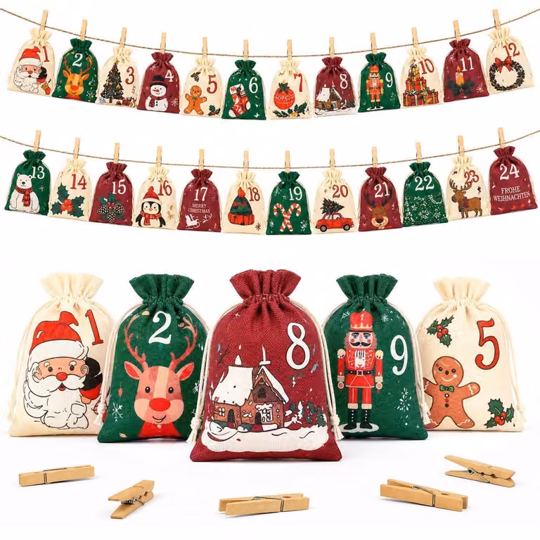 Calendario dell'Avvento: 24 sacchetti da riempire, dimensioni 13x18 cm, con graffette e corda