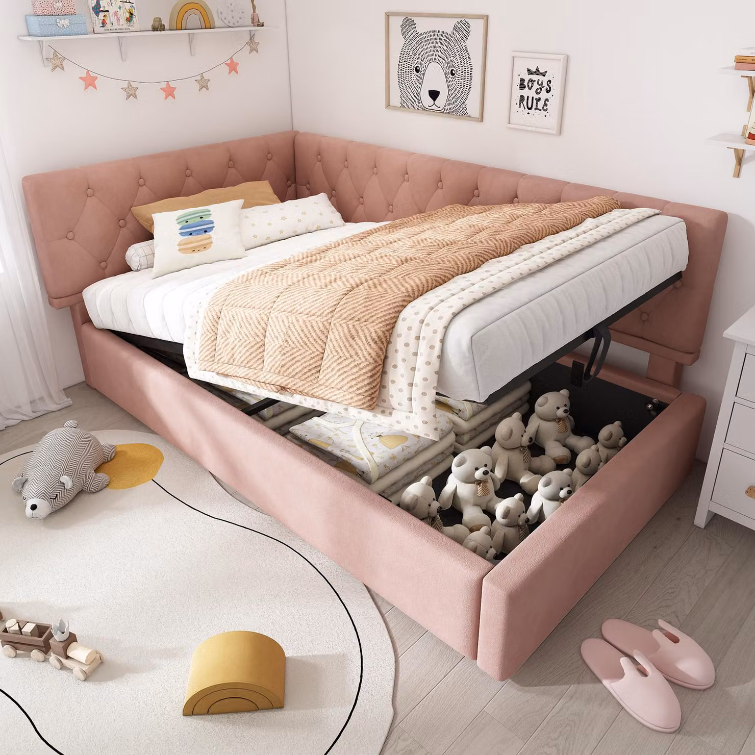 Letto imbottito STILVORA 90x190 con rete letto divano letto letto per bambini con contenitore, struttura letto con doghe in legno, grigio, senza materasso
