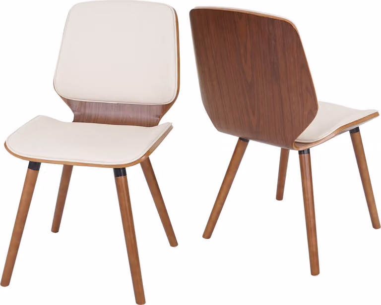 Set di 2 sedie da pranzo modello HWC-B16, in legno con finitura effetto noce, design retrò "bugna", certificate MVG, rivestimento in ecopelle color crema