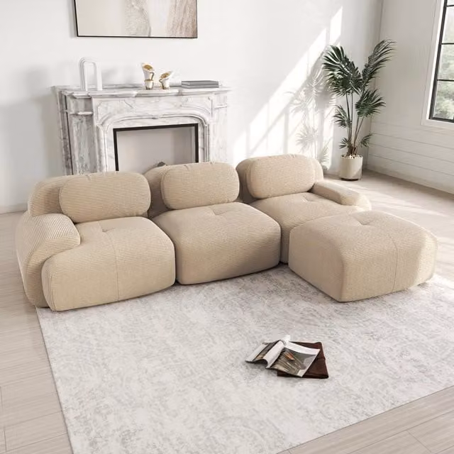 Divano angolare modulare 3 posti in velluto a coste beige, 298x178x70 cm, imbottitura 32D ad alta densità