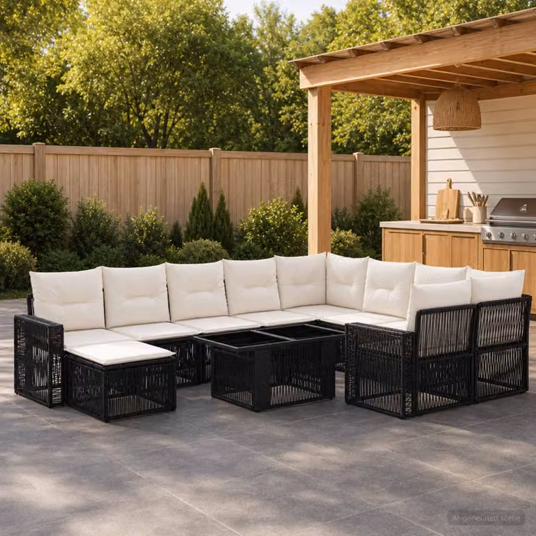 Set Divano da Giardino vidaXL 11 Pezzi Moderno a Forma di U in Polyrattan Nero e Bianco Crema con Cuscini e Tavolino