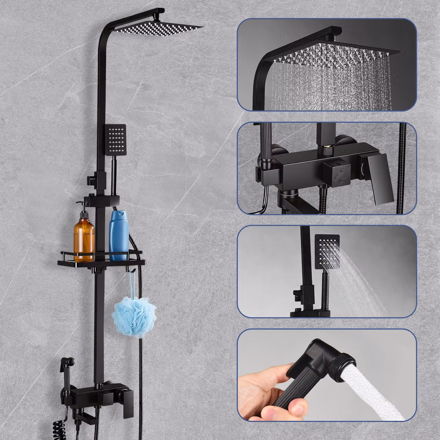 Sistema doccia REMZETTA con soffione quadrato, doccetta manuale e getto spray aggiuntivo, 4 tipi di getto, set doccia nero per il bagno