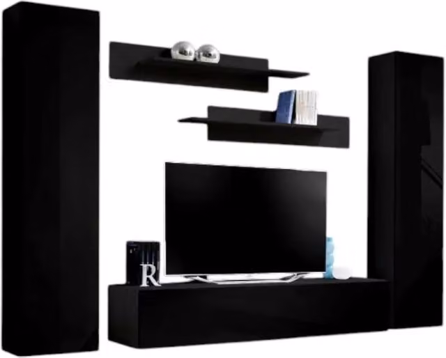 Composizione murale FLY A1 - Nero lucido - Mobile TV sospeso con colonne e scaffali - Design moderno