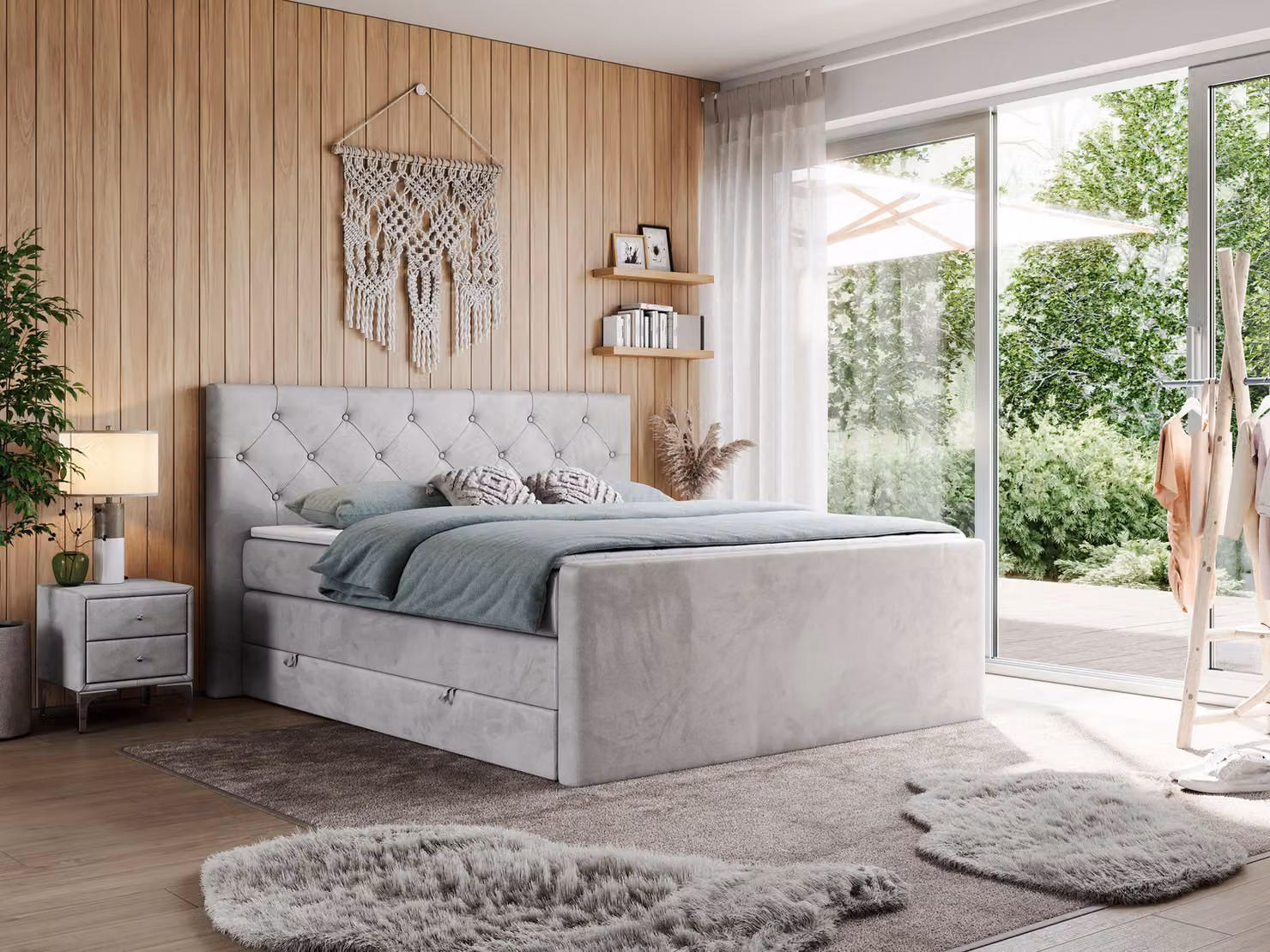 Letto matrimoniale con materasso Multipocket e coprimaterasso, letto boxspring con cassetti - KING VELEN - 200x200 cm - Grigio chiaro - H3