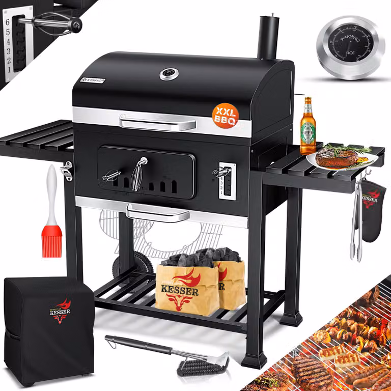 KESSER® Carrello per barbecue XXL, barbecue a carbone con coperchio, ruote, maniglia in acciaio inossidabile, griglia e termometro