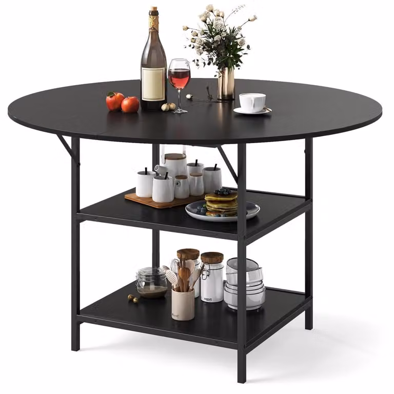 Tavolo rotondo da pranzo, diametro 120 cm, con 2 ripiani e gambe in metallo, capacità fino a 100 kg, tavolo da cucina in stile industriale, colore nero