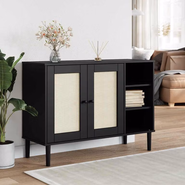 Credenza vidaXL SENJA in legno di pino massello con aspetto rattan, colore nero, L 112 cm x P 40 cm x H 80 cm