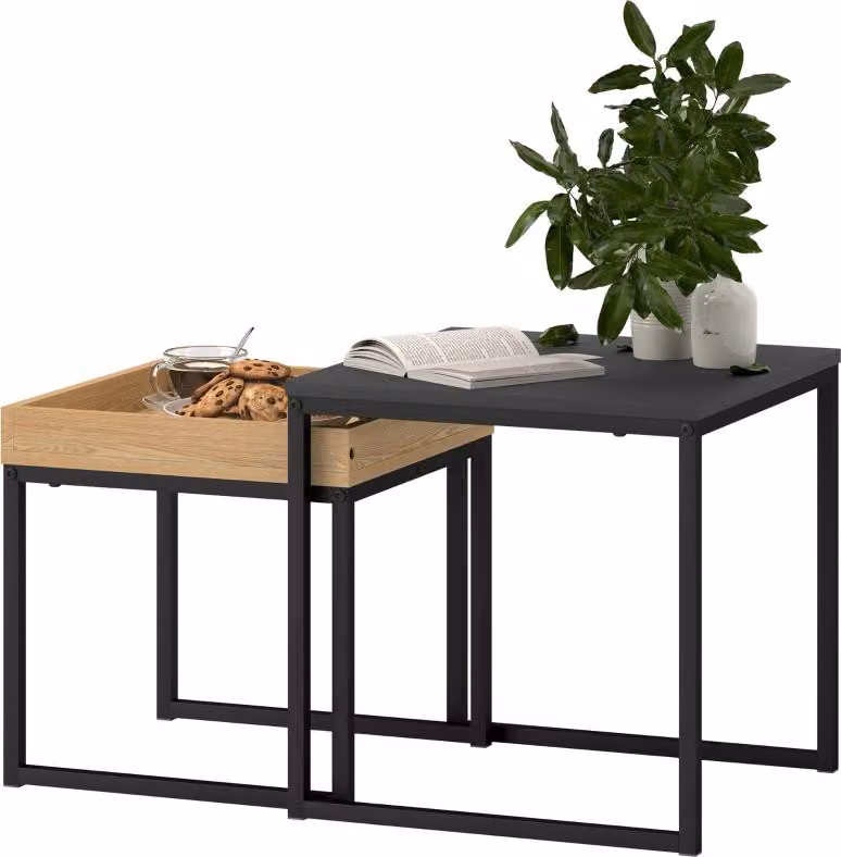 Tavolino moderno, set di 2 tavolini da divano, per stanze piccole, quadrato, MDF, metallo, nero