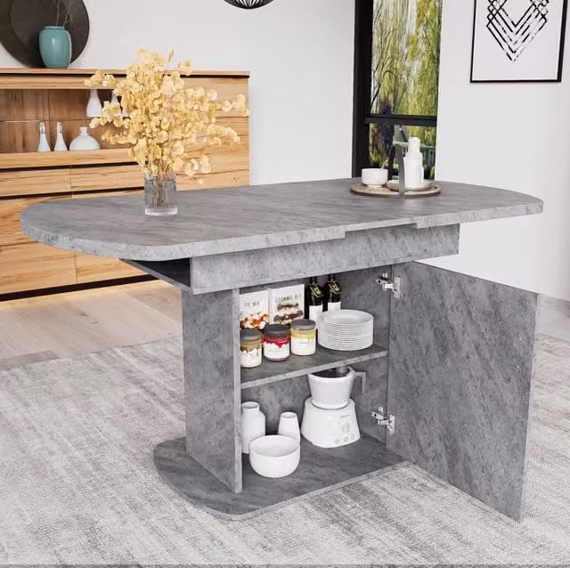 Tavolo da pranzo allungabile MODFU ovale con piano in MDF e struttura in metallo, grigio opaco