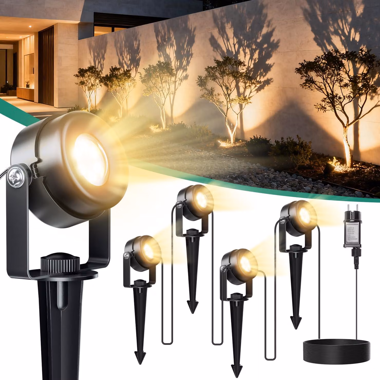 Fareto LED multifunzione 4-in-1, cavo da 14 metri, 3000 K, grado di protezione IP65, 600 lumen, 24 LED