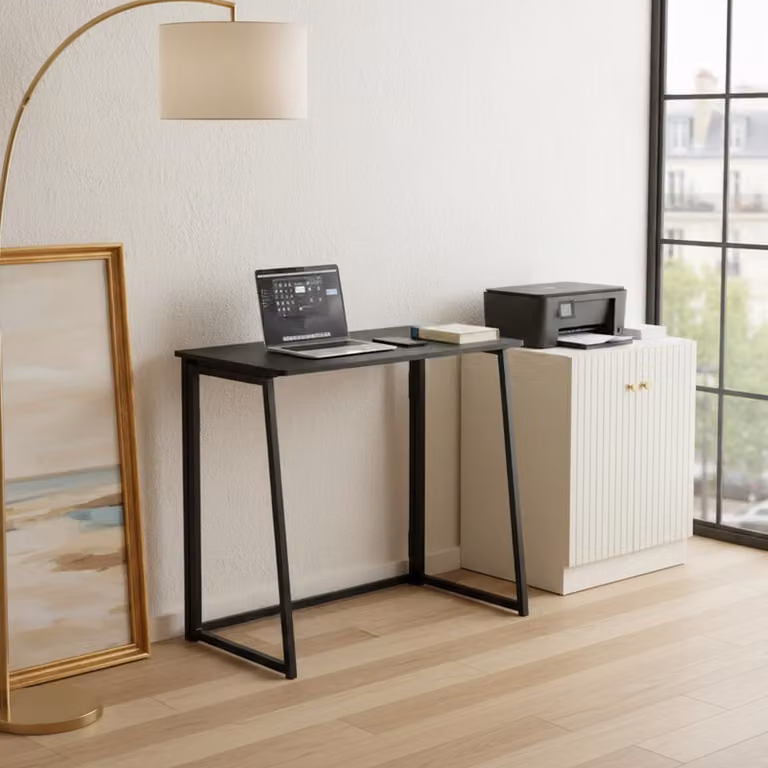 Scrivania pieghevole, dimensioni 80 x 40 x 74 cm, realizzata in legno e metallo, colore nero, ideale per l'ufficio